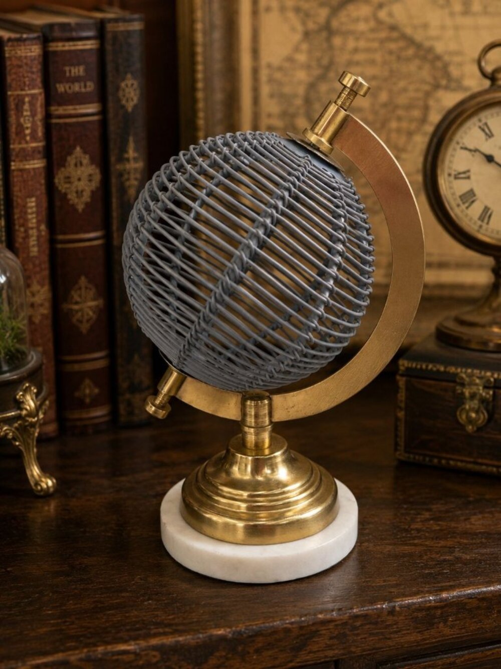 Decorative Mesh Globe Desk Accessory With Brass & Marble Base 8"